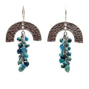 Artisan Hammered Silver Turquoise Cluster Tassel Drop Earrings Boho Statement